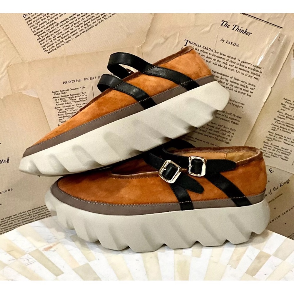 Free People 4CCCCEES Tura Mary Janes Platform Shoe Tan Gold Suede Black - Picture 2 of 12